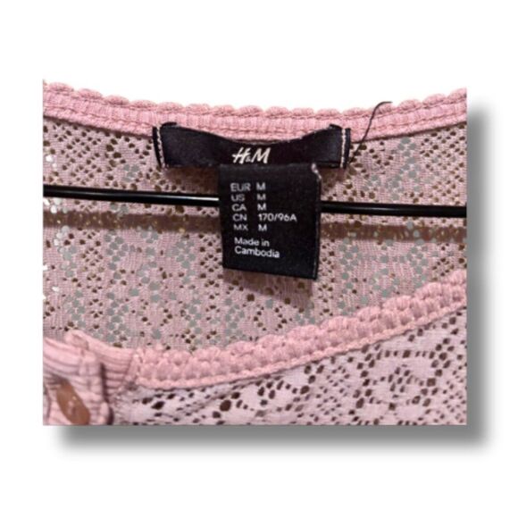 H&M Shirt Women Size M Blush Pink Lace Henley Long Sleeve Romantic Knit Pullover - Picture 8 of 8